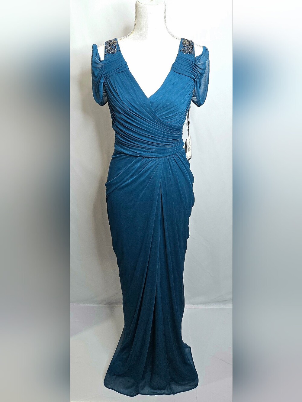 Adrianna Papell Wedding Guest Peacock Teal Beaded Chiffon Evening Gown NWOT 10